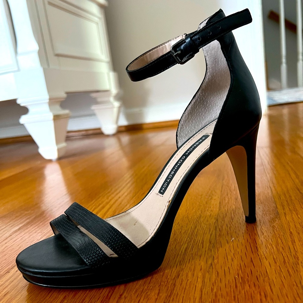 French Connection Black Leather Ankle Strap Heels
